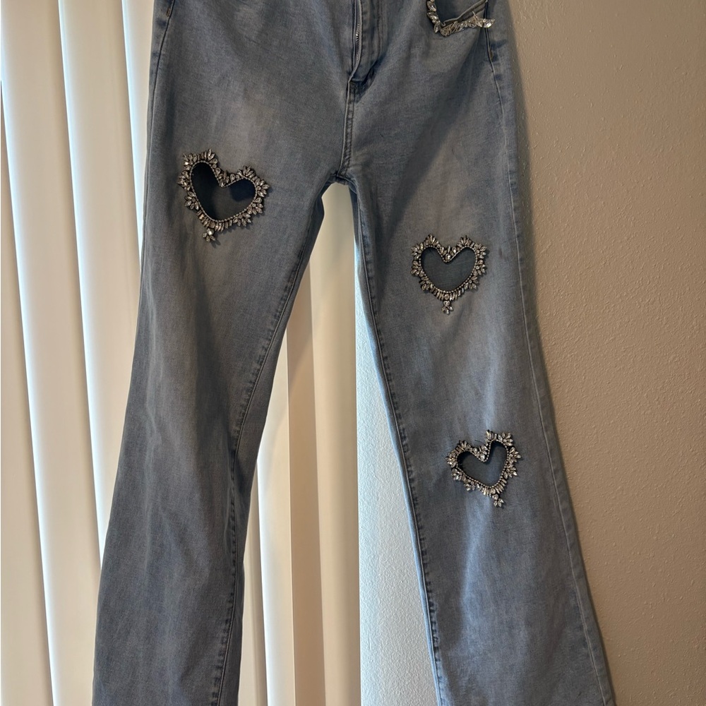 Stylish Gray Heart Cutout Women Jeans
